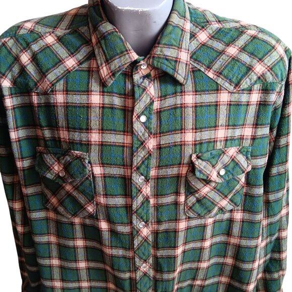 2XL Vintage Wrangler Mens Green Plaid Western Snap Button Flannel Cowboy Y2K - Picture 1 of 6